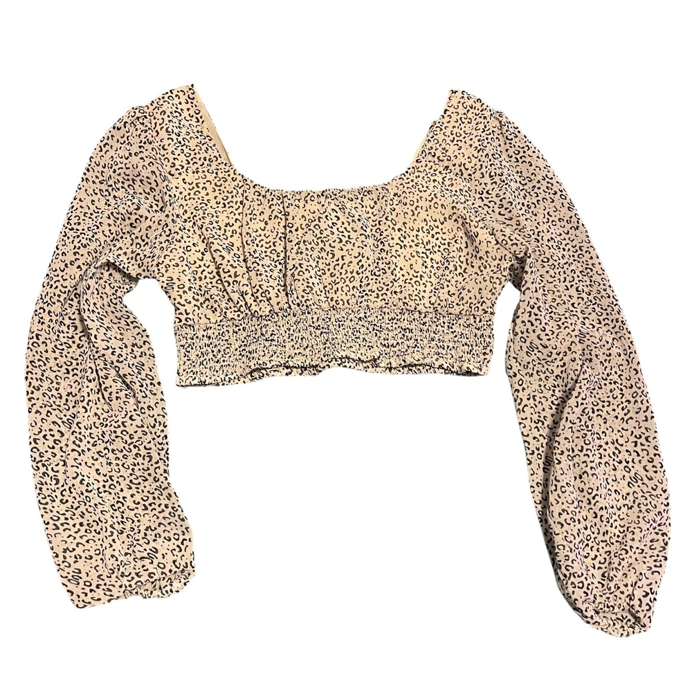 Japna Women Tan Leopard Print Smocked Long Sleeve‎ Crop Top Large